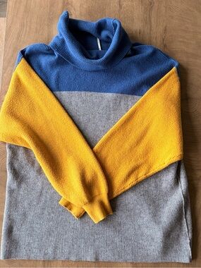 Free People Turtleneck Sweater - Blue, Yellow, Gray